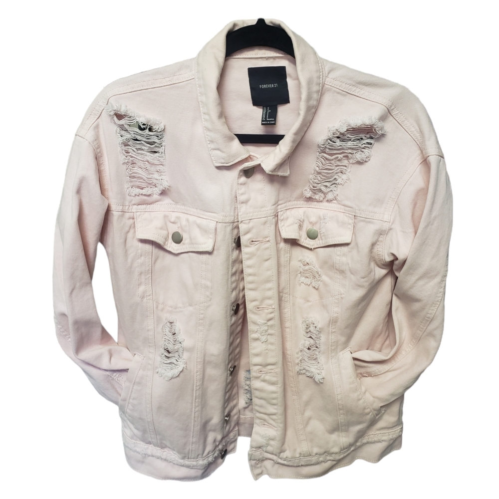 2/$15 F21 Small Distressed Denim Jacket Baby Pink